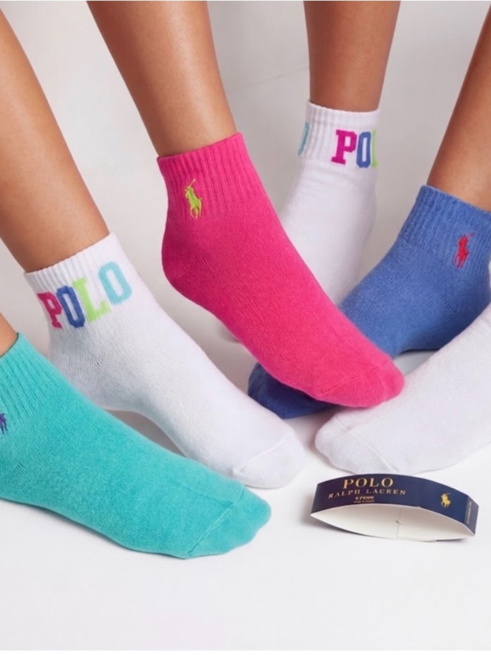 Polo Ralph Lauren Womens 6 Pair Ankle Socks White Blue Pink Teal Multi Logo NEW